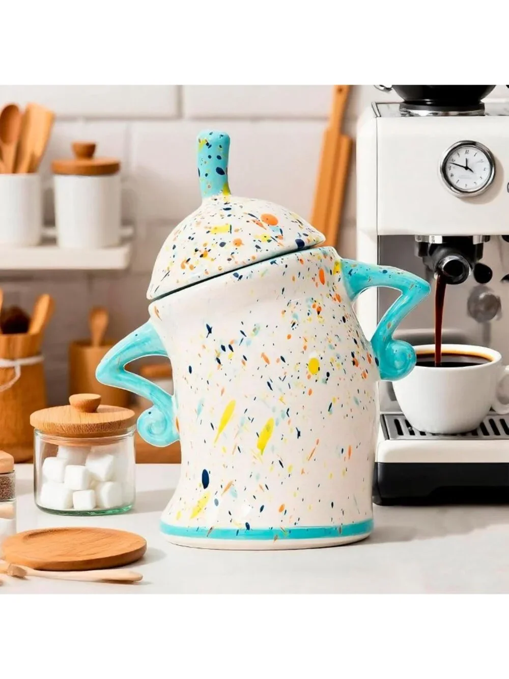 Airtight Ceramic Canister with Spoon - Cute Food Storage for Tea, Coffee, Sugar